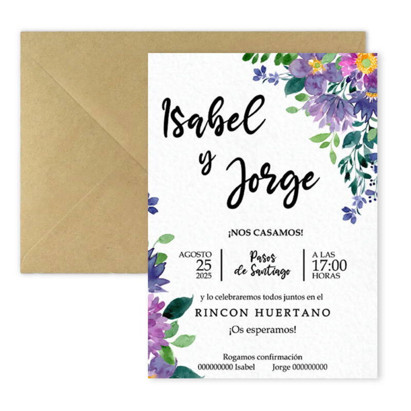 Invitación de boda floral en tonos lilas