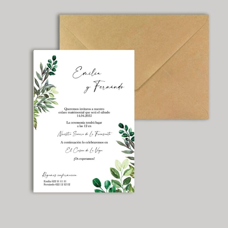 invitación y sobre kraft hojitas