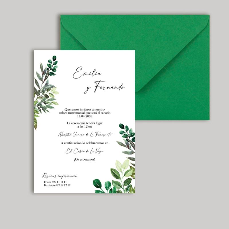 invitación de boda y sobre hojitas
