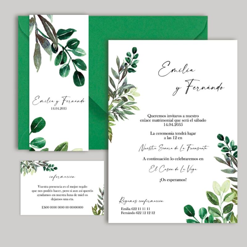 Invitación de boda con sobre, tarjeta de lista de boda y fajín