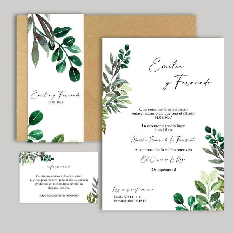 Invitación de boda con sobre, tarjeta de lista de boda y fajín