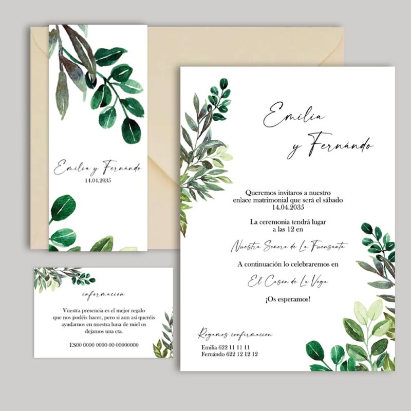 Invitación de boda con sobre, tarjeta de lista de boda y fajín