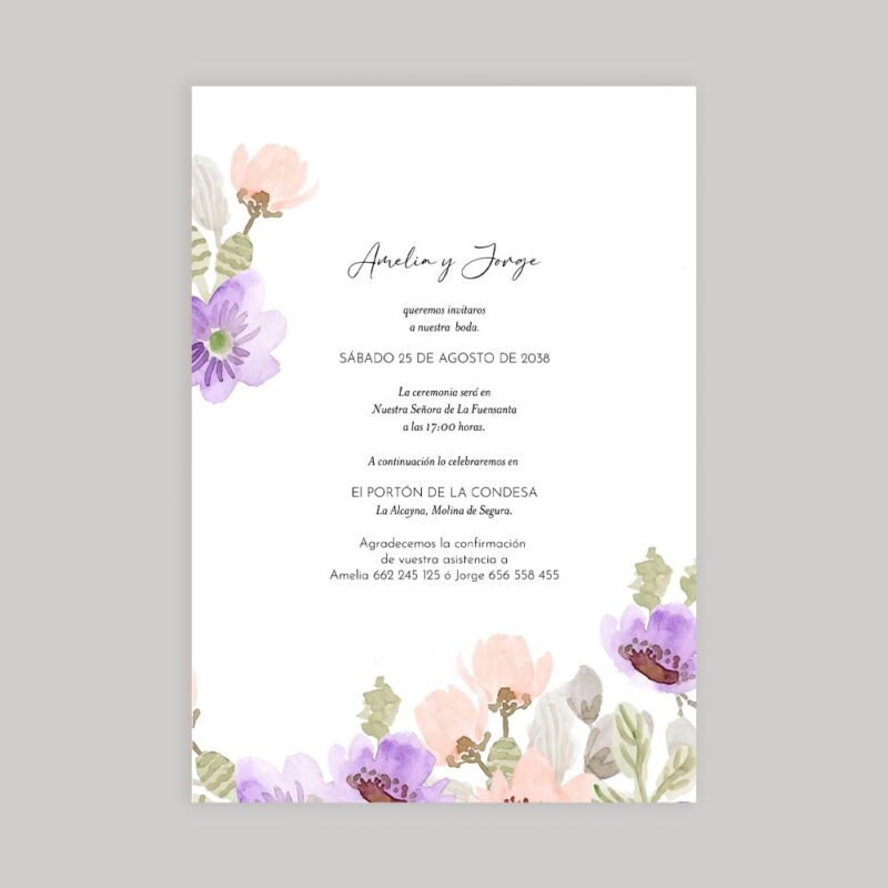 Invitación de boda con flores lilas