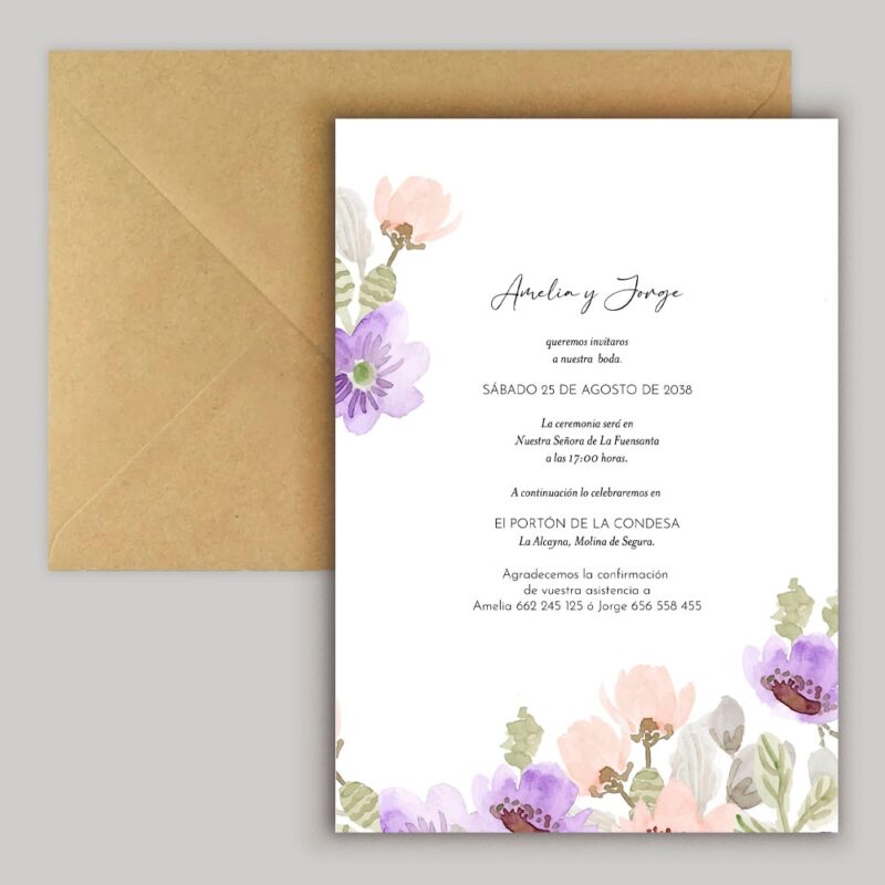 Invitación de boda en tonos malva