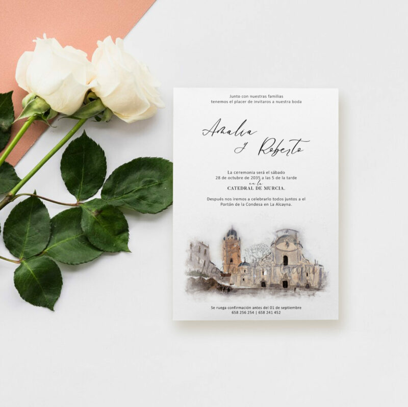 Invitación de boda Catedral de Murcia en Aacuarela