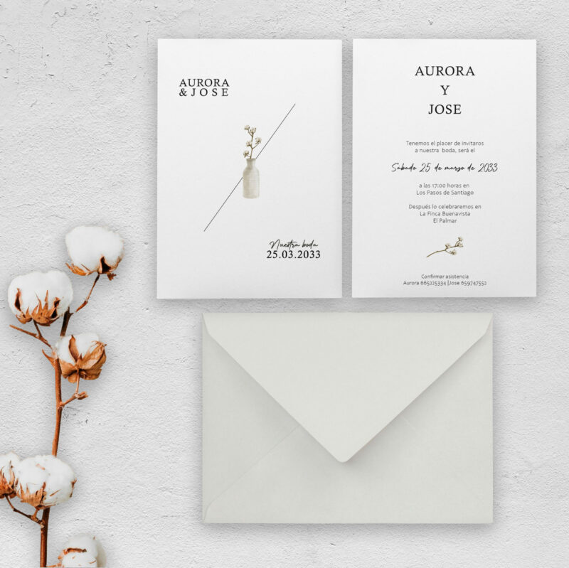 invitación de boda actual jarrón con algodón