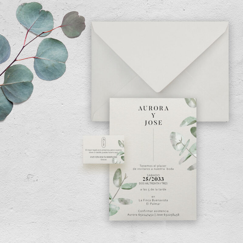 Invitación con sobre y tarjeta numero de cta eucalipto
