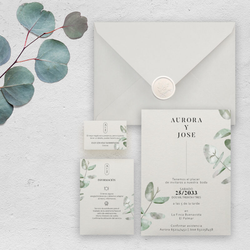 Invitación con sobre y 2 tarjetas eucalipto