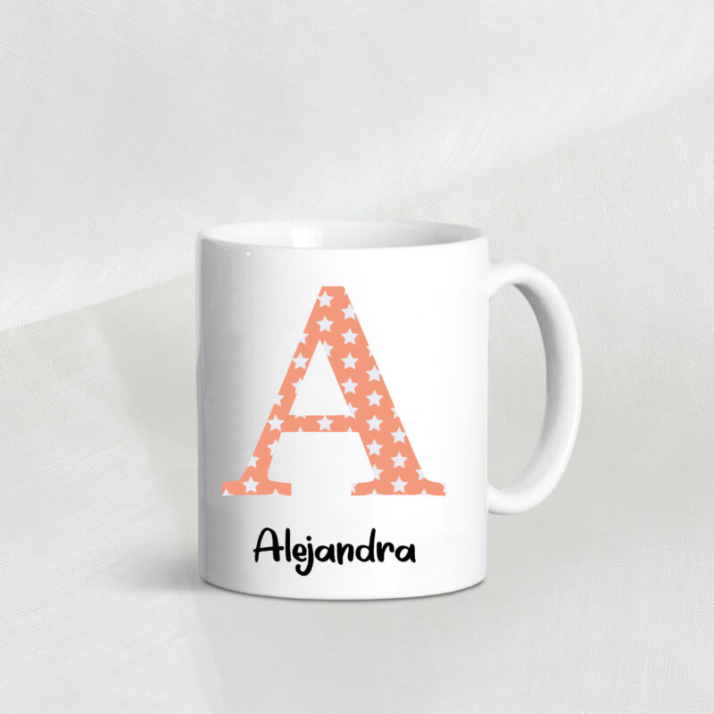 Taza personalizada inicial y nombre estrellas naranja