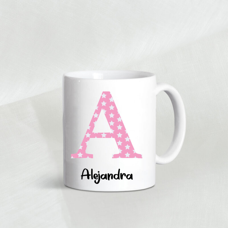 Taza personalizada inicial y nombre estrellas rosa