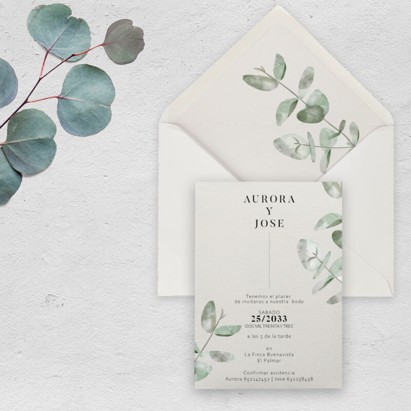 Invitación eucalipto cin sobre forrado