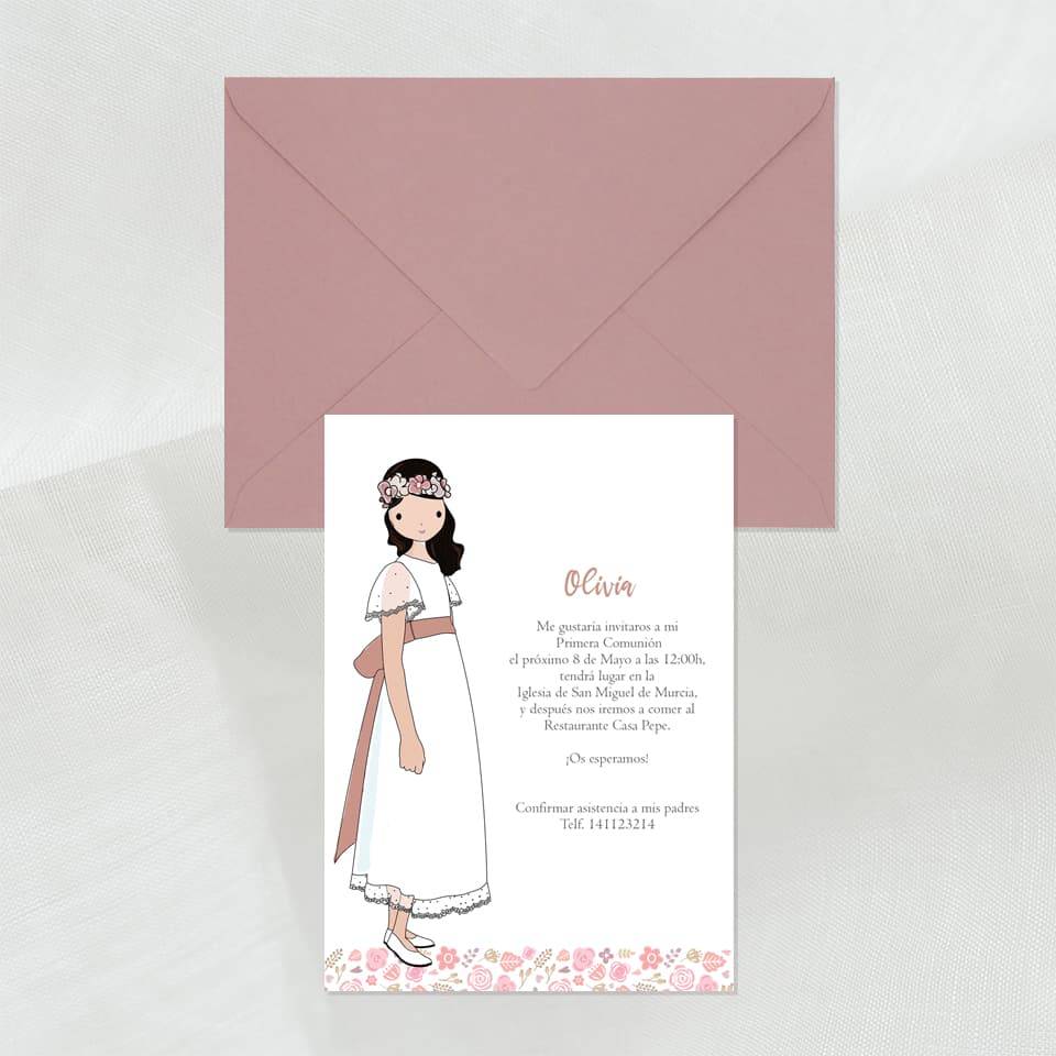 invitacion de comunión con niña personalizada morena