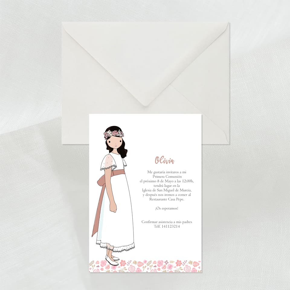 invitacion de comunión con niña personalizada morena