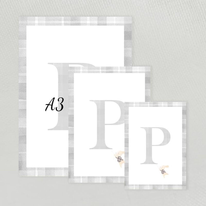 Lamina decorativa personalizada con inicial en acuarela y marco en acuarela vichy con una simpática ilustración color gris clarito A3