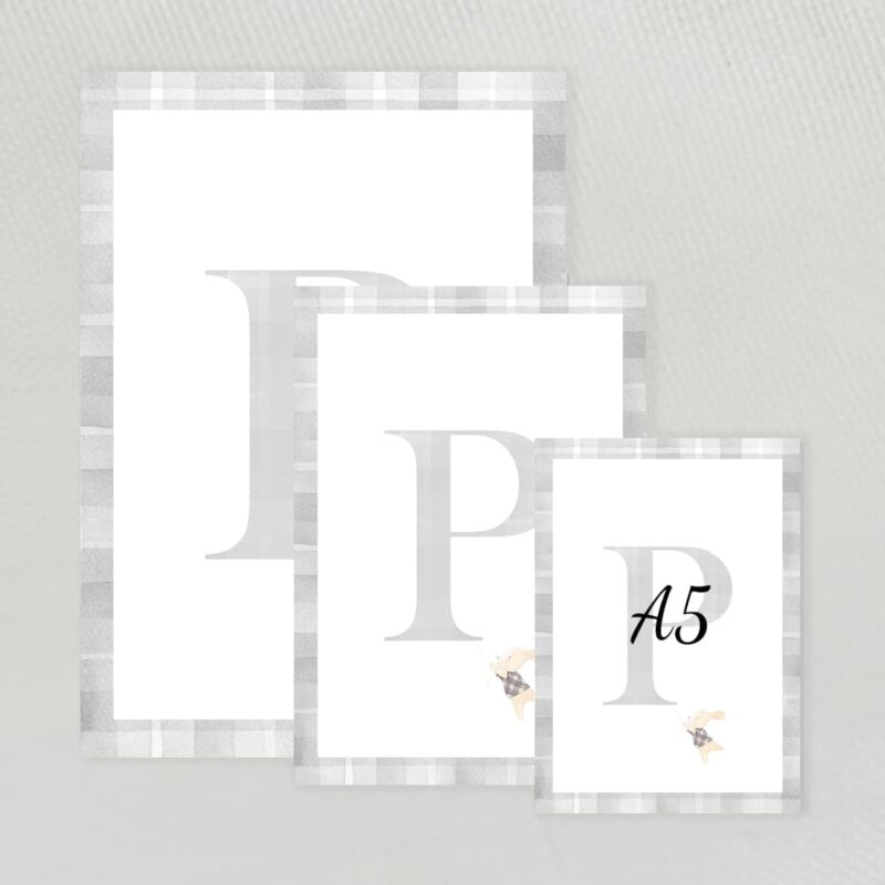 Lamina decorativa personalizada con inicial en acuarela y marco en acuarela vichy con una simpática ilustración color gris clarito A5