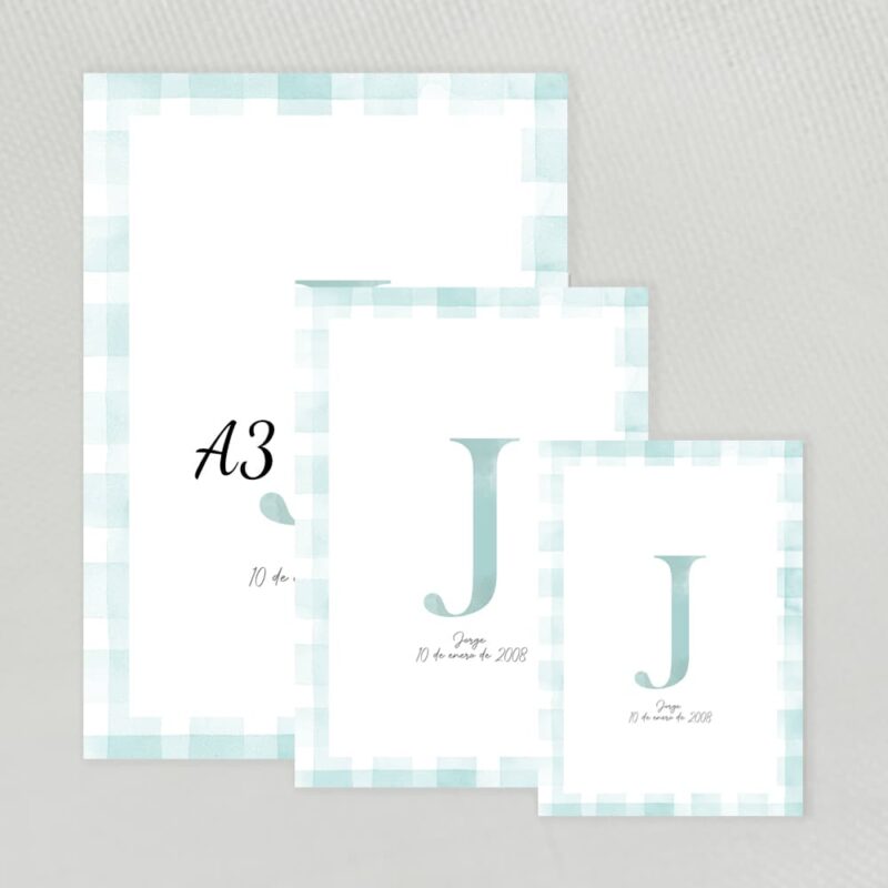 Lamina decorativa personalizada con inicial en acuarela y marco en acuarela vichy color verde agua tamaño A5