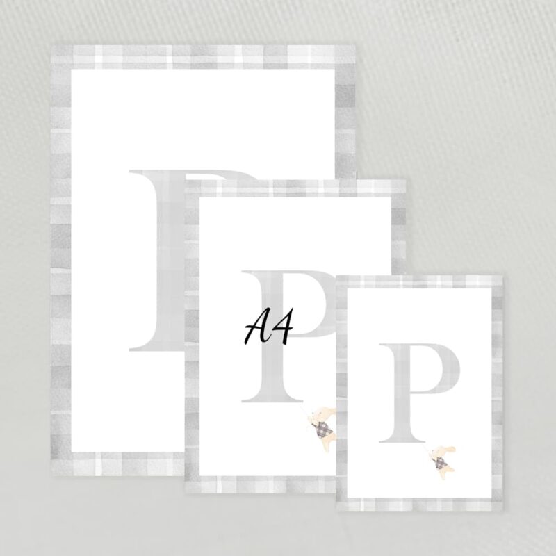 Lamina decorativa personalizada con inicial en acuarela y marco en acuarela vichy con una simpática ilustración color gris clarito A4