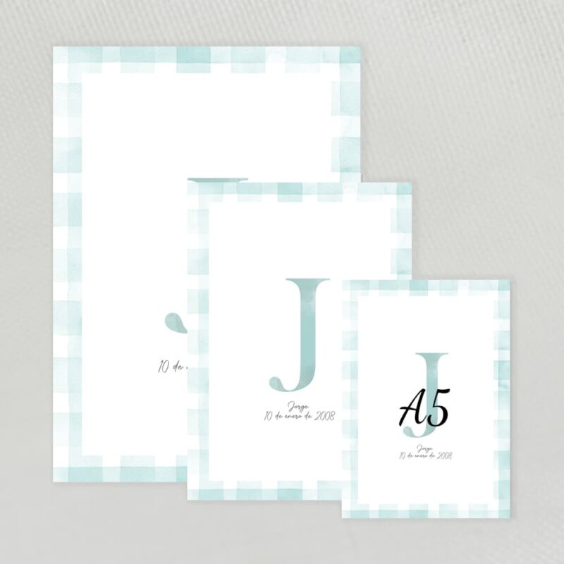 Lamina decorativa personalizada con inicial en acuarela y marco en acuarela vichy color verde agua A5
