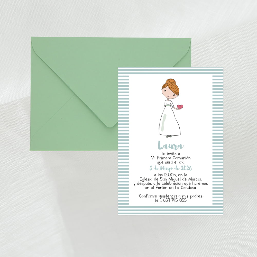Invitación de comunión rayas "Niñas cuqui" - Imagen 3
