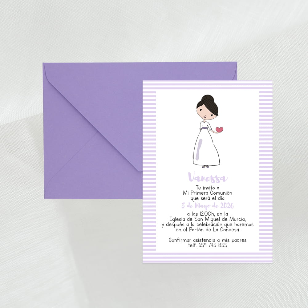 Invitación de comunión rayas "Niñas cuqui" - Imagen 2