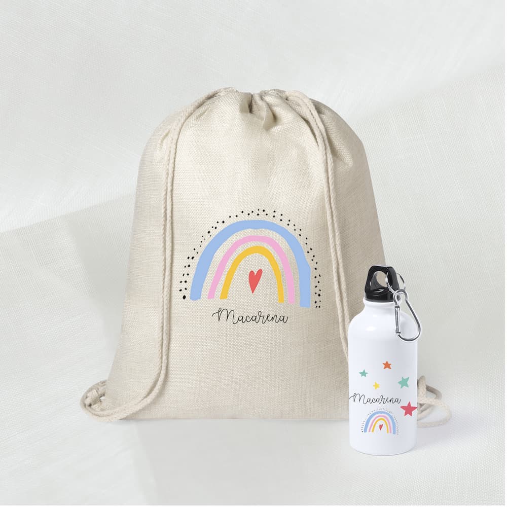 mochila de tela con botella a juego