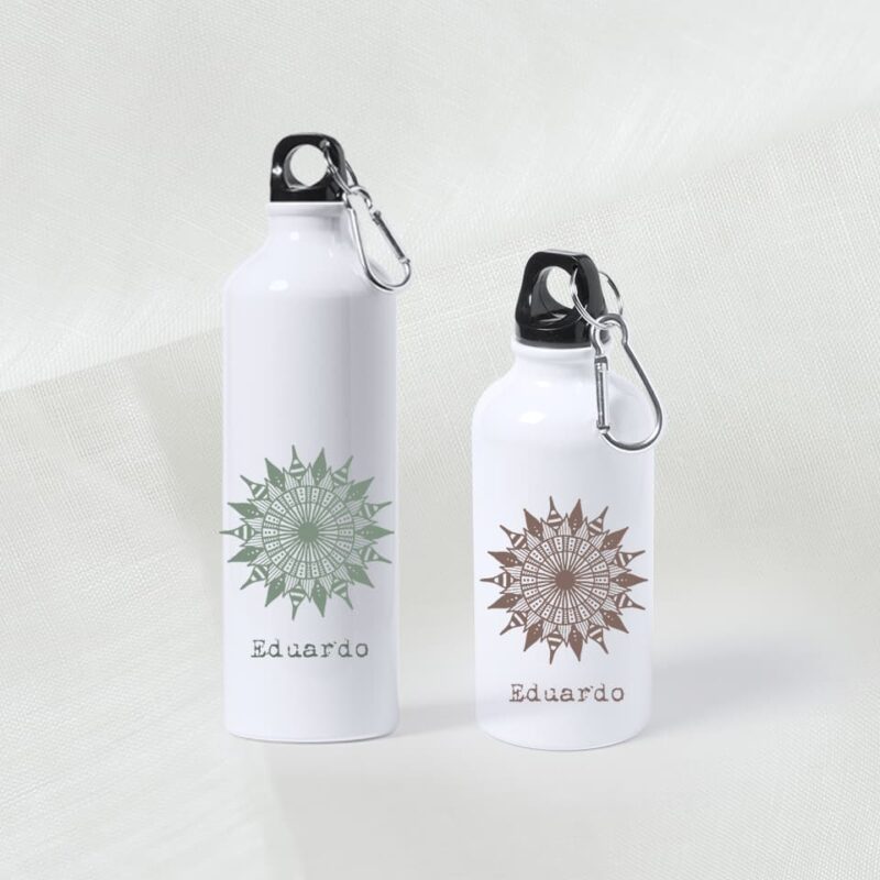 botella de aluminio personalizada con mandala y nombre para eventos
