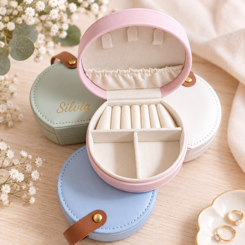 Joyero personalizado con nombre para detalles de eventos en colores pastel